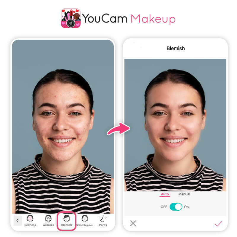 Remove pores from photo with YouCam Makeup blemish remover
