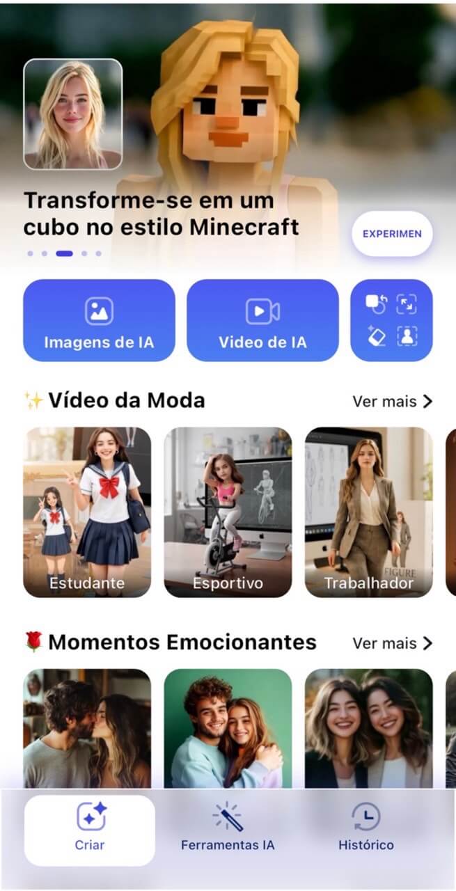 Interface do aplicativo YouCam AI Pro, um gerador de imagens e vídeos com IA. A tela exibe opções como 'Imagens de IA', 'Vídeo de IA' e um exemplo de transformação de foto em um avatar estilo Minecraft.