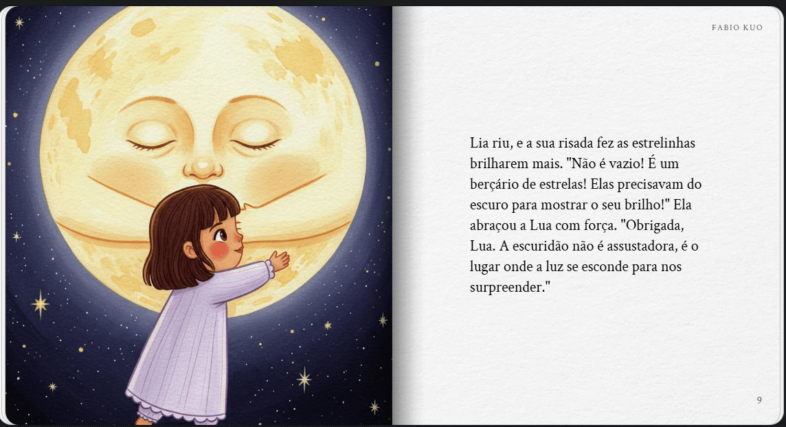 Exemplo de página de um livro criado com o Gemini Storybook. A ilustração mostra a menina Lia a abraçar a Lua. O texto ao lado narra a conclusão da história infantil.