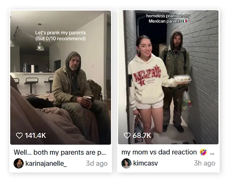 AI Homeless Man Prank Screenshots aus TikTok zum AI Homeless Man Prank