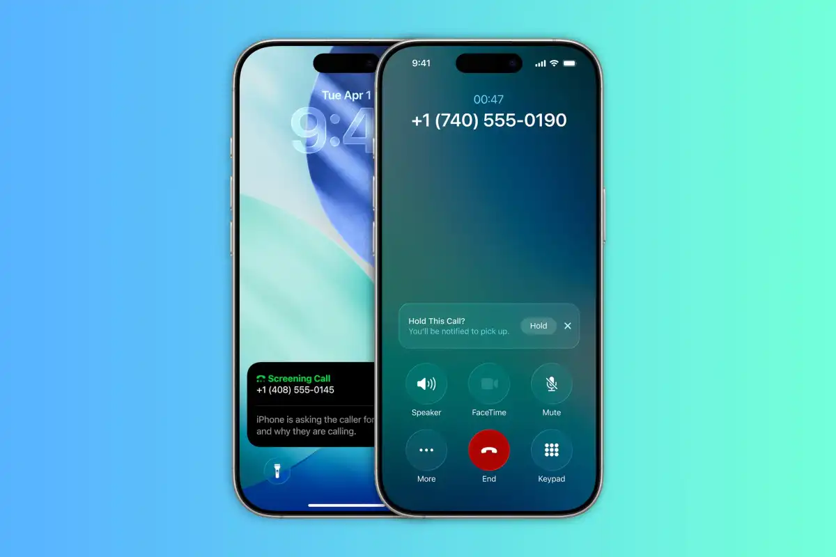 Dois iPhones exibindo a nova interface de chamada do iOS 26, o contexto ideal para usar um toque (ringtone) personalizado criado com IA.