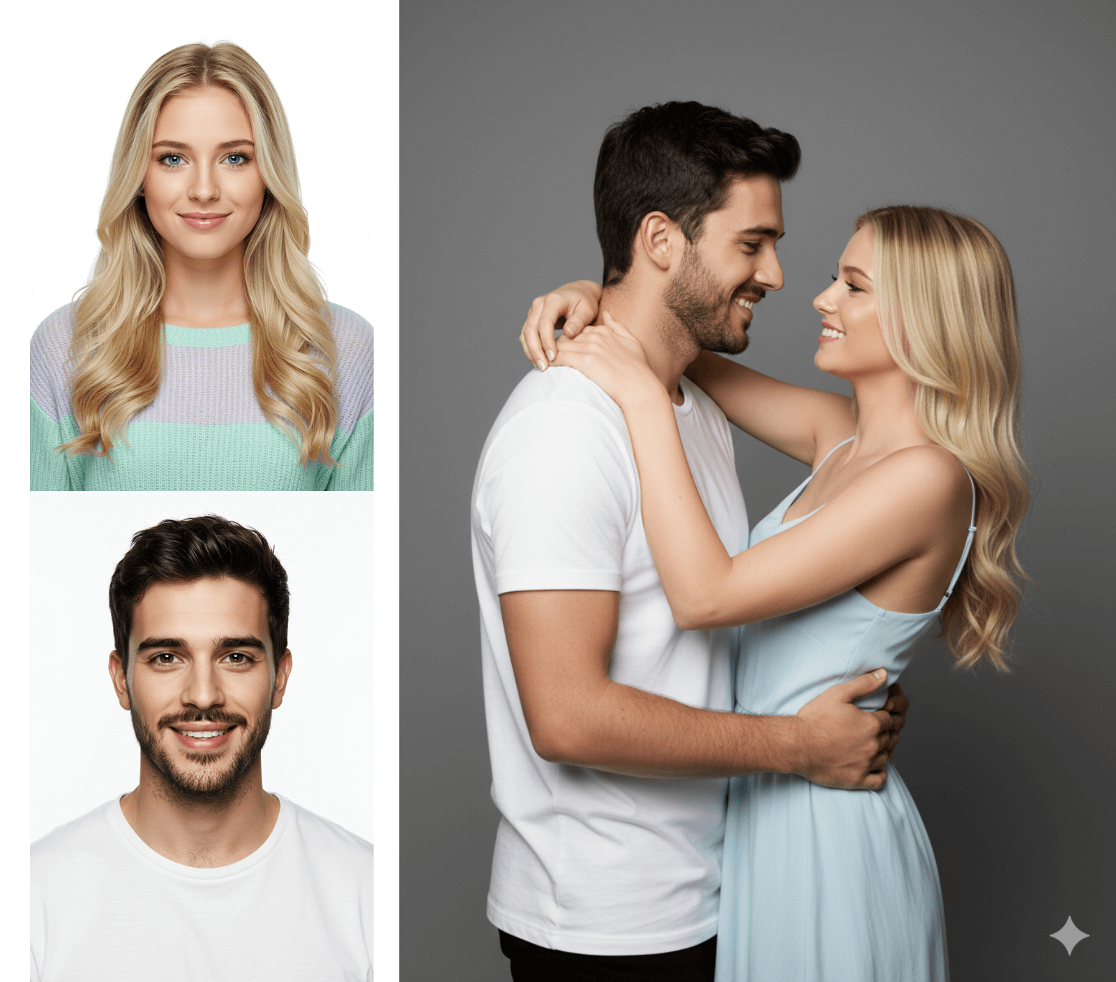 Demonstração de como a IA cria um ensaio fotográfico de casal a partir de retratos separados de um homem e uma mulher. O resultado final é uma foto de estúdio do casal abraçado romanticamente.