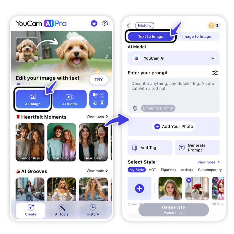 Interface do aplicativo YouCam AI Pro mostrando a função de texto para imagem.