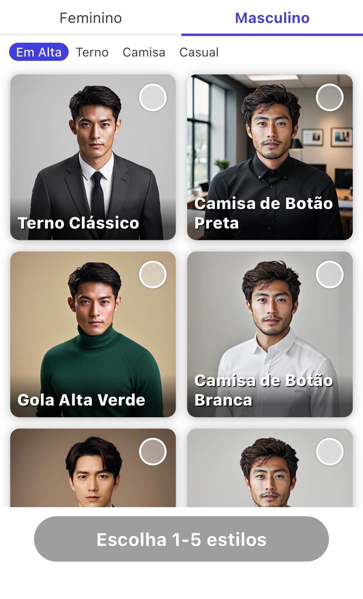 Interface da ferramenta Retrato IA do YouCam AI Pro para criar fotos de perfil profissional masculino. As opções em alta incluem Terno Clássico, Camisa de Botão e Gola Alta.