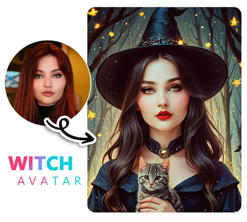 Crie um avatar de bruxa com a ferramenta Avatar Artístico. Avatar de uma bruxa com chapéu e um gato preto, gerado por IA.