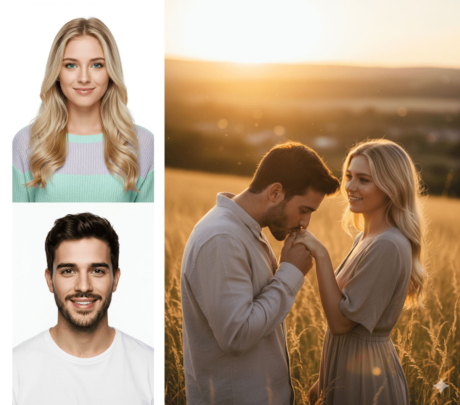 A IA transforma retratos individuais de um homem e uma mulher em um ensaio fotográfico romântico. O resultado é uma foto do casal em um campo ao pôr do sol, com o homem beijando a mão da mulher.