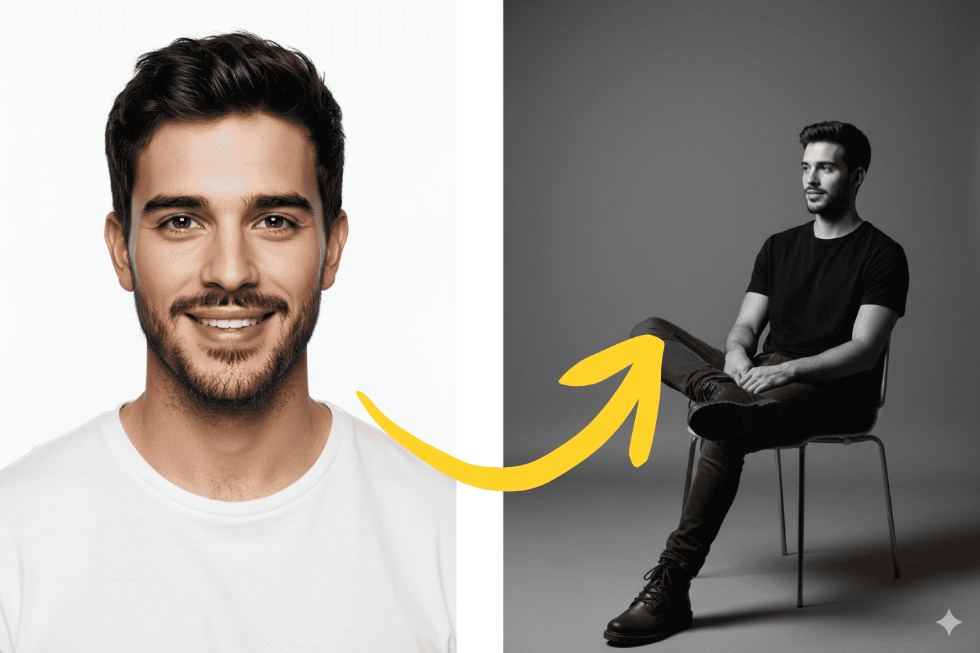 Homem transforma sua selfie em um ensaio fotográfico masculino com IA, resultando em um retrato de estúdio em preto e branco com pose casual e moderna.