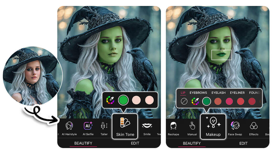 Transforme-se na bruxa verde de Wicked com o editor de fotos. Mulher com a pele pintada de verde, inspirada na personagem de Wicked.