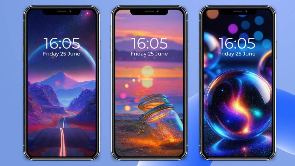 Três iPhones mostrando exemplos de papel de parede 3D e animado para a tela de bloqueio, com temas de paisagem, praia e galáxia.