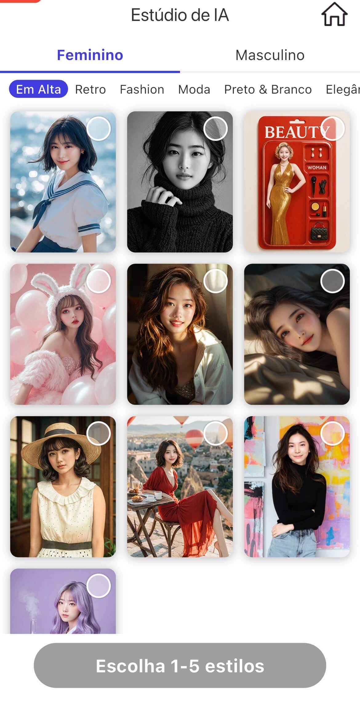 Interface do Estúdio de IA do YouCam AI Pro, mostrando uma variedade de estilos de ensaio fotográfico feminino para criar retratos profissionais, incluindo opções em alta, retro, fashion e preto e branco.