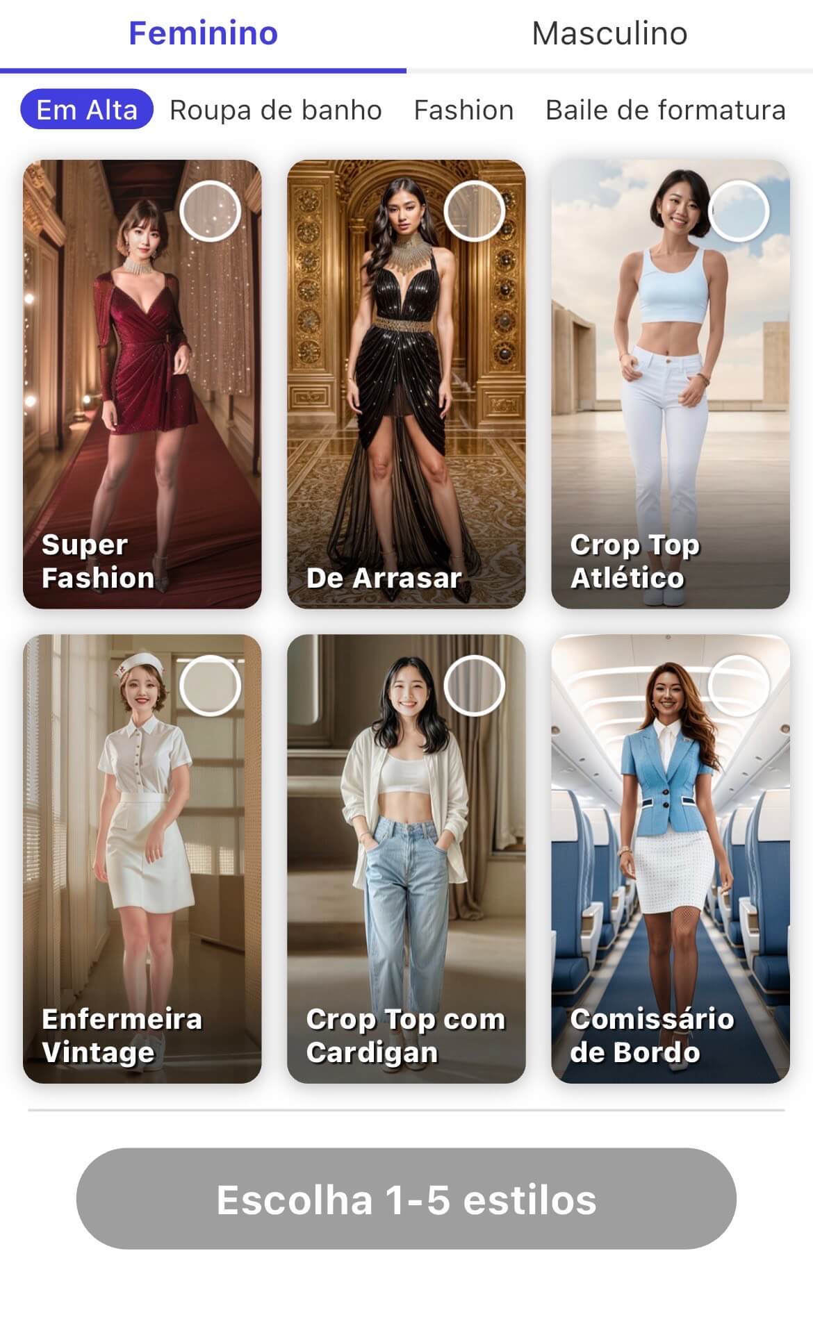 Interface da ferramenta Moda IA do YouCam AI Pro, mostrando vários estilos de roupas femininas para experimentar virtualmente. As opções incluem looks Super Fashion, De Arrasar, Crop Top Atlético e vestidos para baile de formatura.