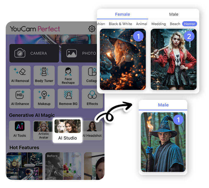 O Estúdio de IA oferece filtros de bruxa divertidos e únicos. Mulher com cabelo roxo usando um filtro de bruxa do Estúdio de IA.