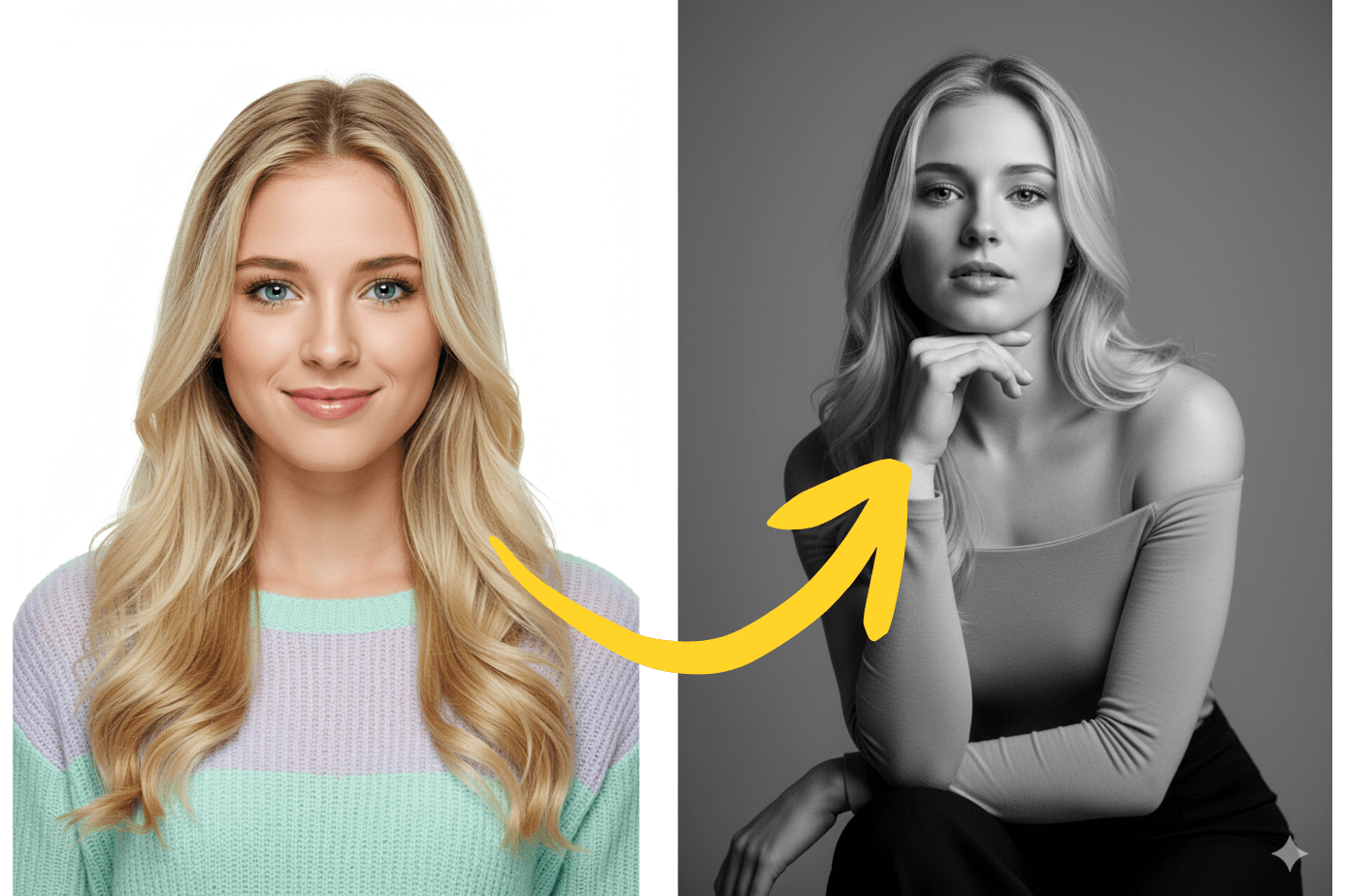Mulher transforma sua selfie em um ensaio fotográfico feminino com IA, resultando em um retrato de estúdio elegante em preto e branco com uma pose clássica.
