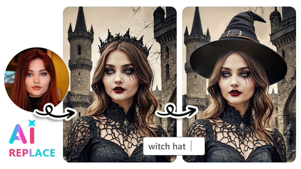 Adicione um chapéu de bruxa em fotos com a Substituição IA. Exemplo de como adicionar um chapéu de bruxa em uma foto com a ferramenta de Substituição IA.