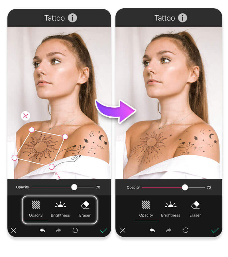 Tattoo realistisch anpassen Screenshot der YouCam Perfect App, der die Regler für Deckkraft und Helligkeit eines Tattoos zeigt.