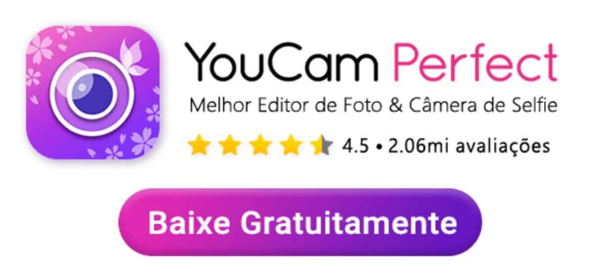 Baixe o YouCam Perfect para testar filtros de bruxa com IA. Banner do aplicativo YouCam Perfect para download gratuito.
