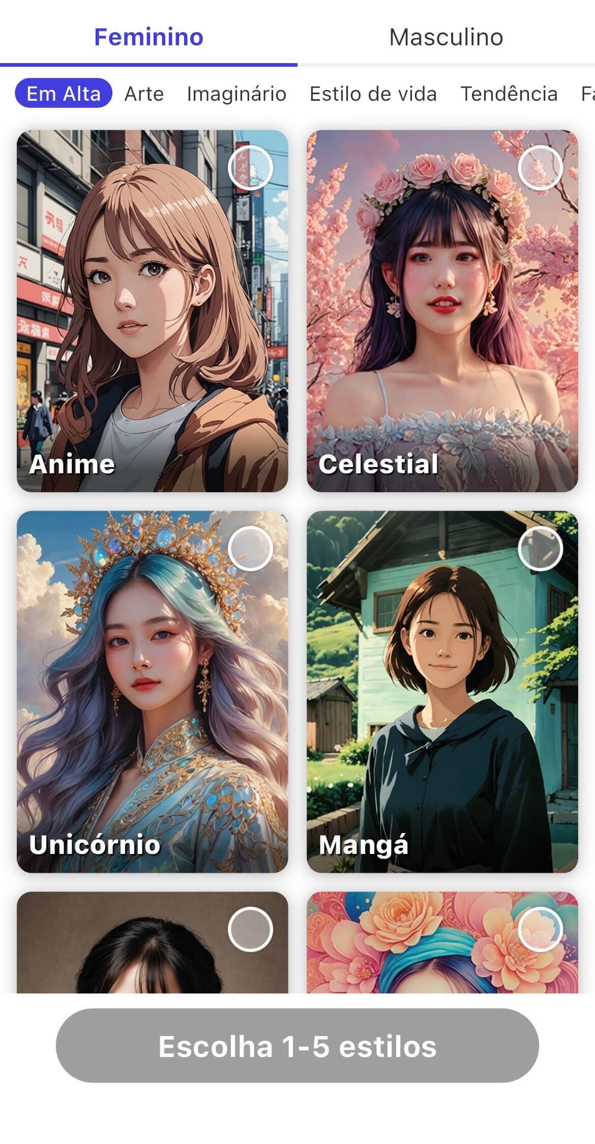 Interface da ferramenta Avatar Humano do YouCam AI Pro, mostrando a seleção de estilos de avatares femininos. Opções em alta incluem Anime, Celestial, Unicórnio e Mangá para criar fotos de perfil com IA.