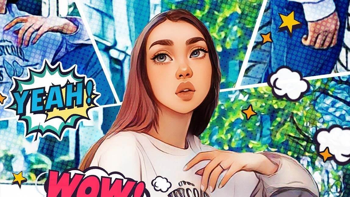 Comic-Avatar eines Mädchens mit Sprechblasen und buntem Pop-Art-Hintergrund – erstellt mit einer der 10 besten Apps 2025 zum KI-Bilder erstellen.