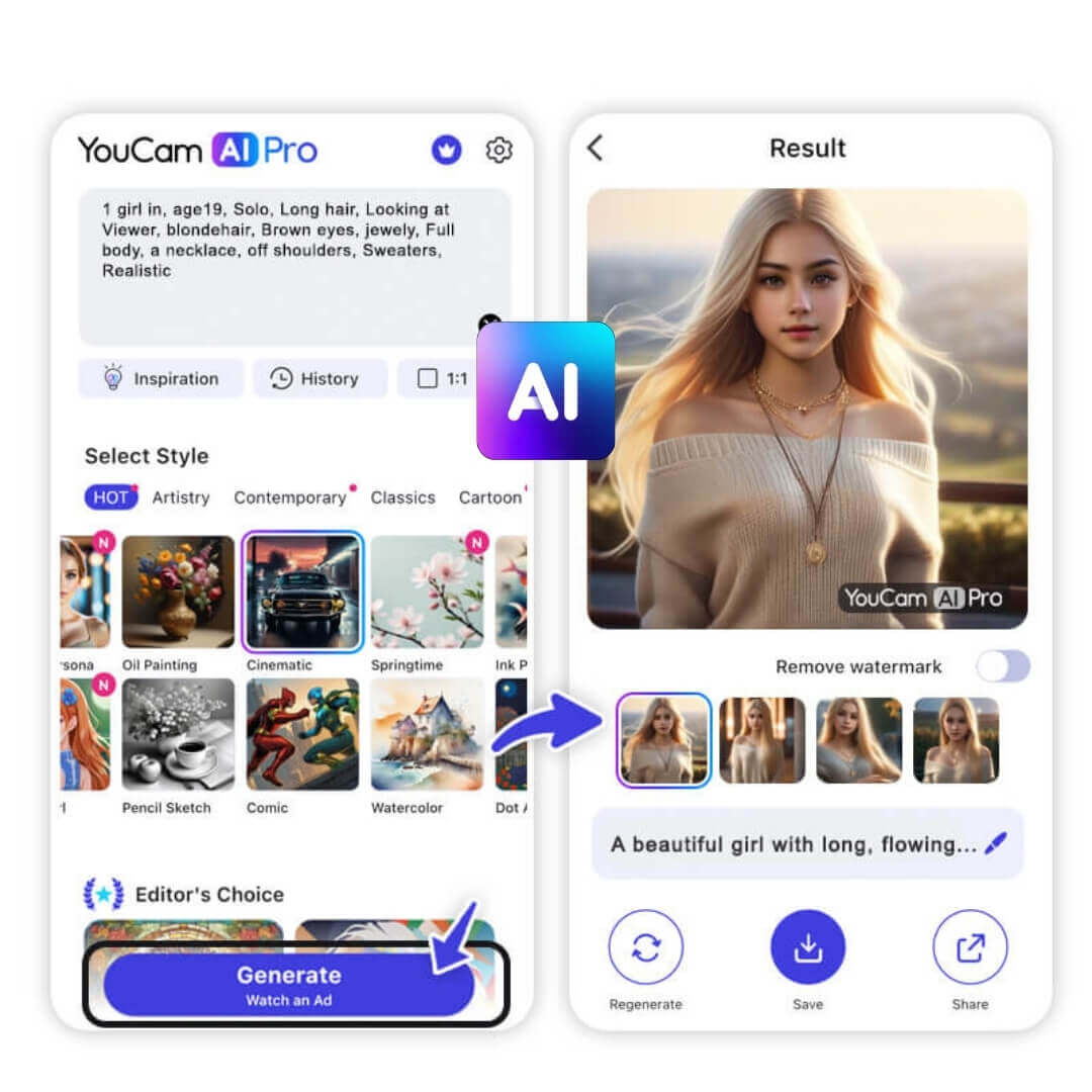 Generiere Bilder mit der KI von YouCam AI Pro.