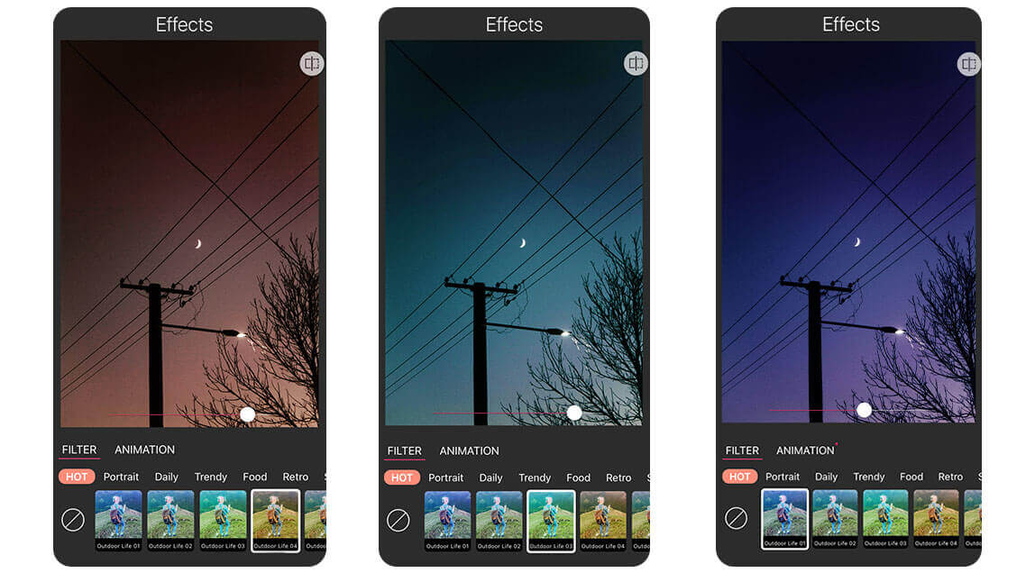 Exemplos de uma mesma foto da lua com diferentes filtros estéticos aplicados pelo app YouCam Perfect.