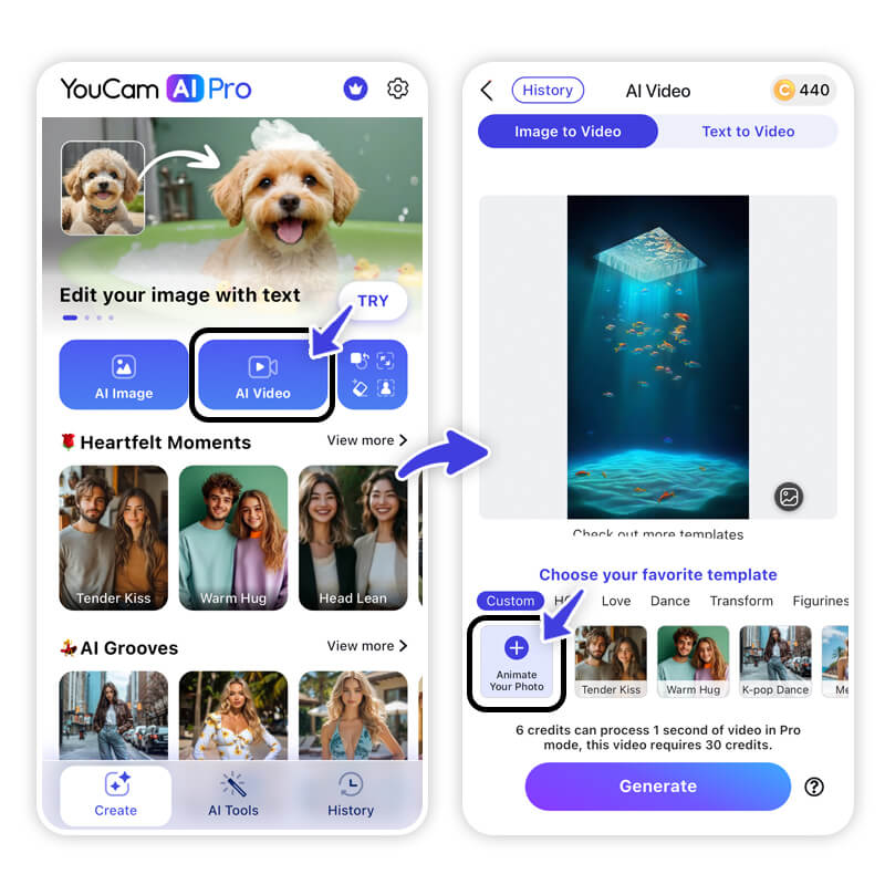 Interface do YouCam AI Pro mostrando a função de imagem para vídeo.