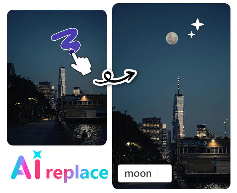 Interface do app YouCam Perfect usando a função 'Substituir com IA' para adicionar uma lua em uma foto de céu noturno.