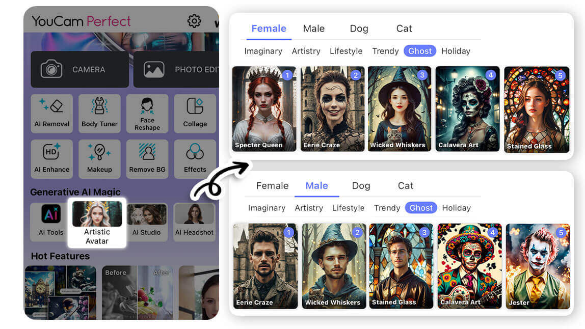 Transforme sua selfie em um avatar de bruxa com apenas uma foto. Interface do app YouCam Perfect mostrando a criação de um avatar de bruxa.