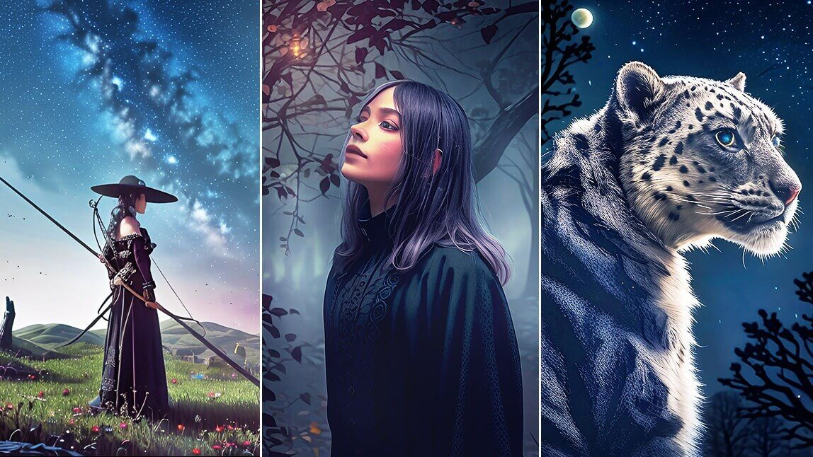 Fantasievolle KI-Bilder generieren: Kriegerin unter Sternenhimmel, geheimnisvolle Frau im Wald und Schneeleopard bei Nacht.