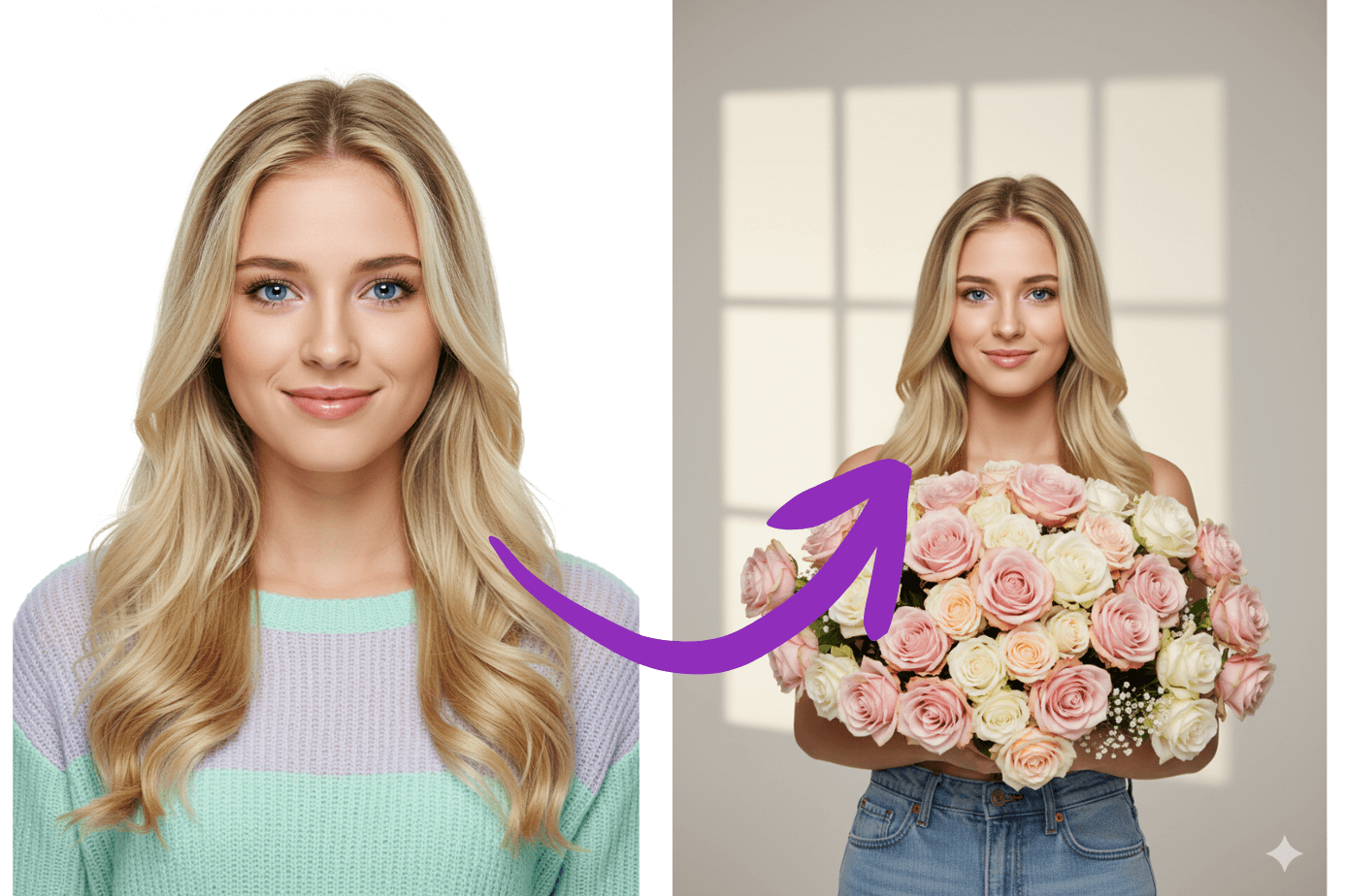 IA transforma o retrato de uma mulher em um ensaio fotográfico profissional, mostrando-a segurando um grande buquê de rosas com iluminação de estúdio.