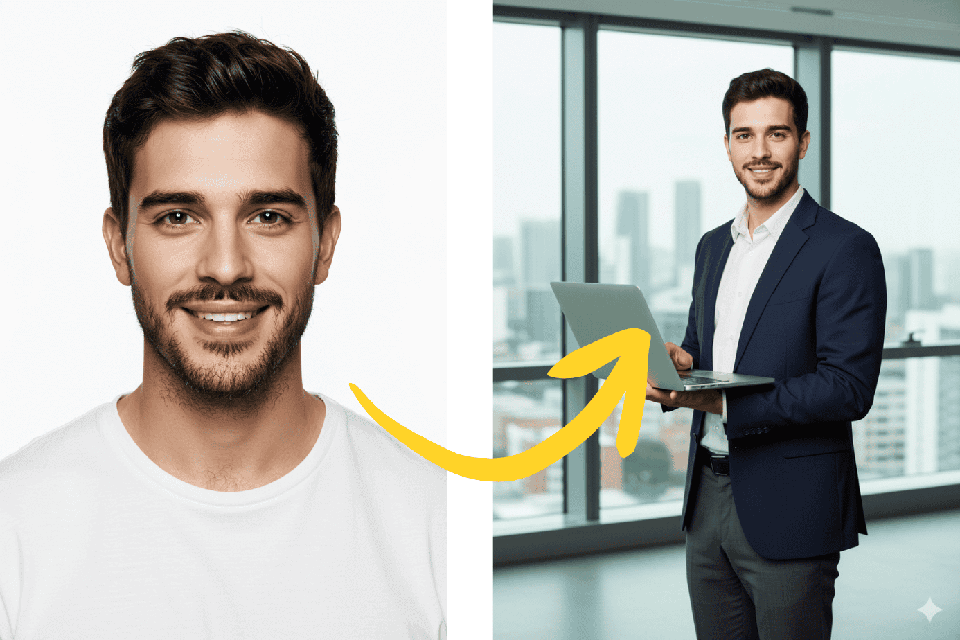 IA transforma uma foto casual de um homem em um retrato profissional para o LinkedIn, mostrando-o em um terno de negócios segurando um laptop em um escritório moderno.