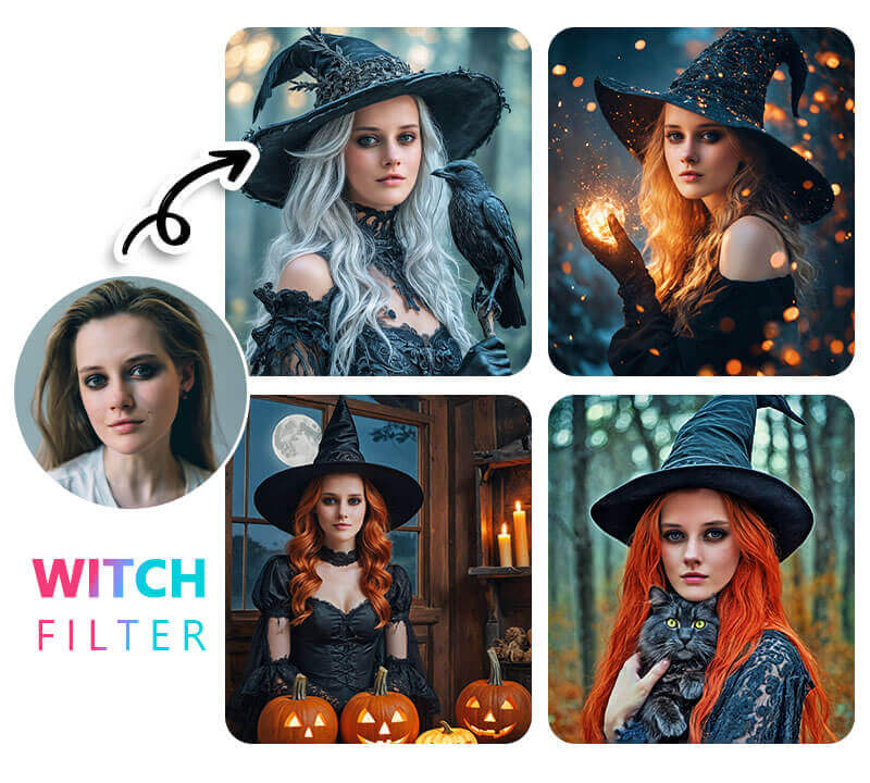 Transforme-se em bruxa com o filtro de IA do YouCam Perfect. Mulher transformada em bruxa estilosa usando o filtro de IA do YouCam Perfect.