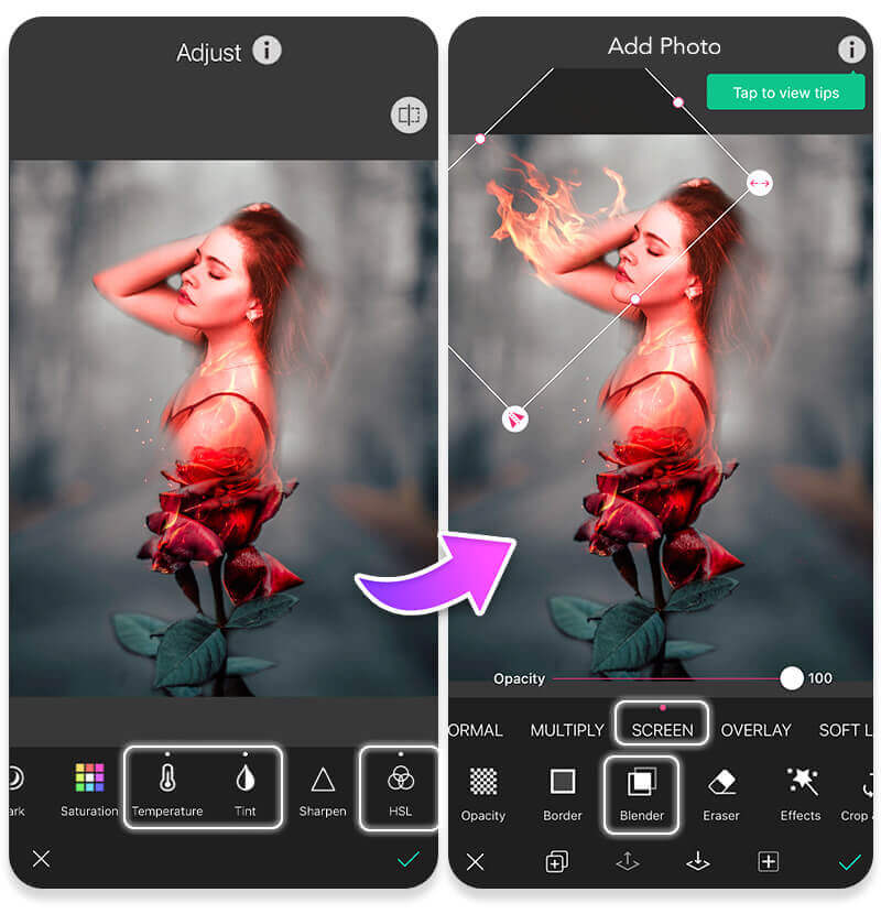 Ajuster l'image de fusion superposée Ajuster l'image de fusion après avoir superposer 2 photos