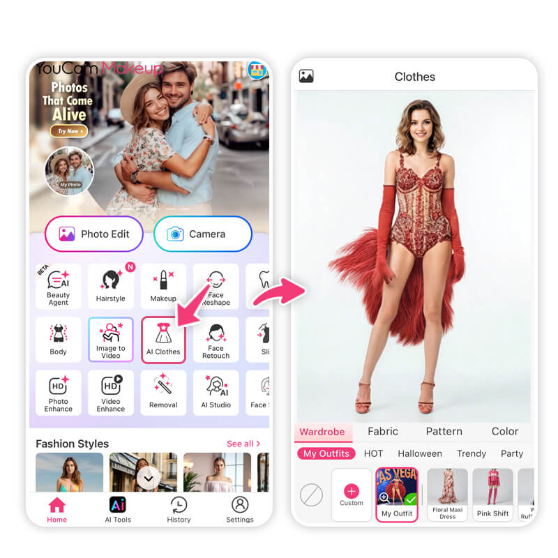 Try on showgirl outfits with YouCam Makeup