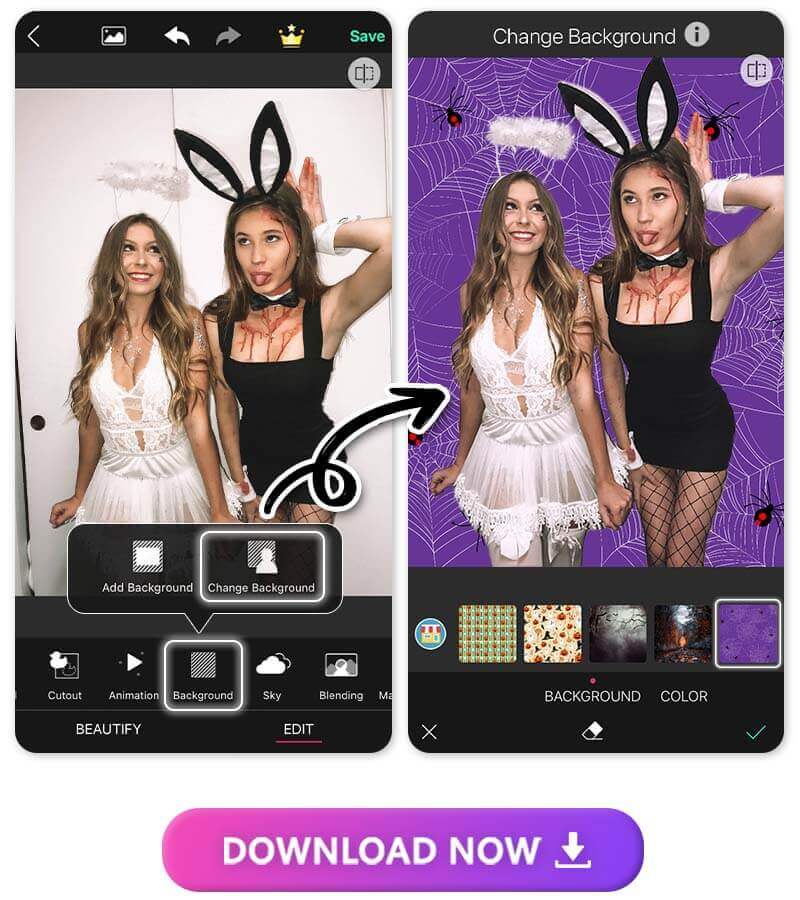 Adicionar fundo de Halloween nas fotos Passo a passo de como adicionar um fundo de Halloween em uma foto usando o YouCam Perfect.