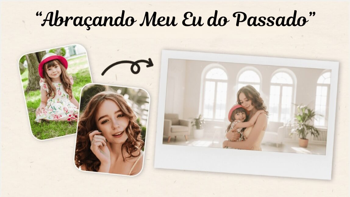 Mulher criando a trend "Abraçando Meu Eu do Passado" com fotos da sua infância e IA.