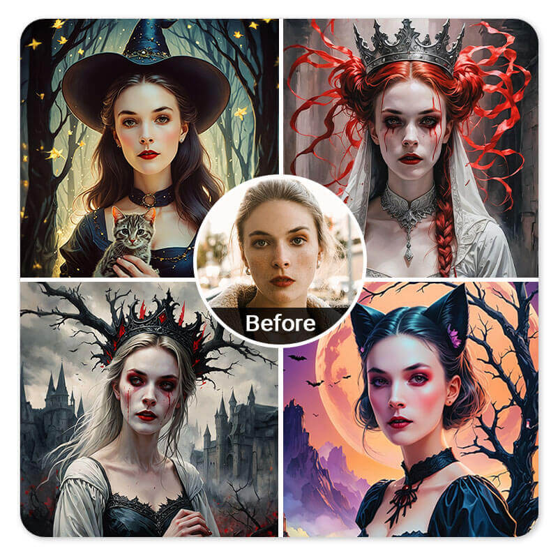 Exemplos de avatares com tema de Halloween que podem ser gerados com IA.