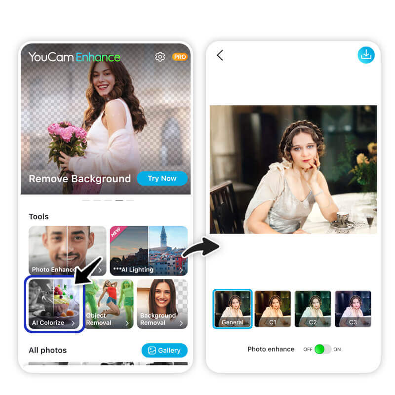 AI Colorizer Interface der YouCam Enhance App beim Hochladen von Fotos