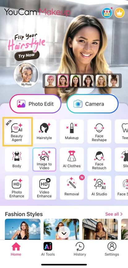 Try YouCam Makeup Beauty Agent feature for AI photo pranks