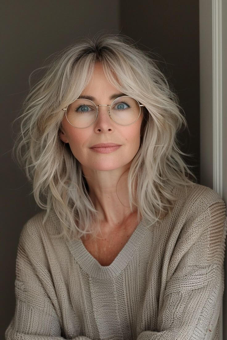 Best hairstyle for women over 60 with glasses - Layers with Curtain Bangs