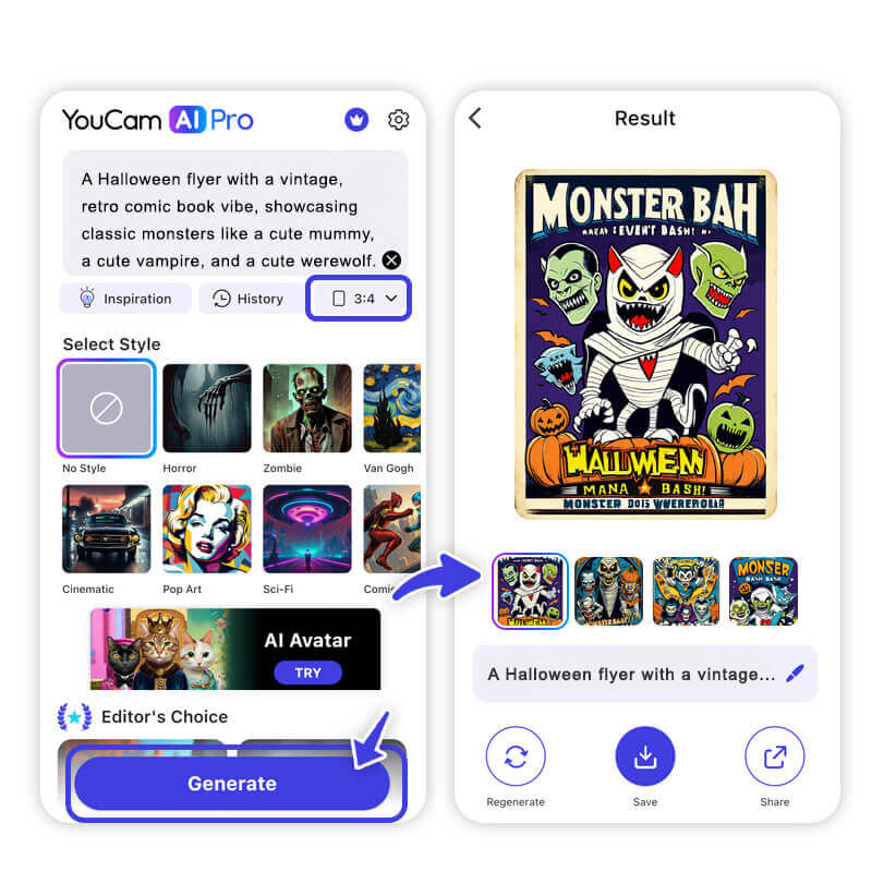 Passo a passo para criar pôster de Halloween Interface do aplicativo YouCam AI Pro mostrando a criação de um pôster de Halloween.