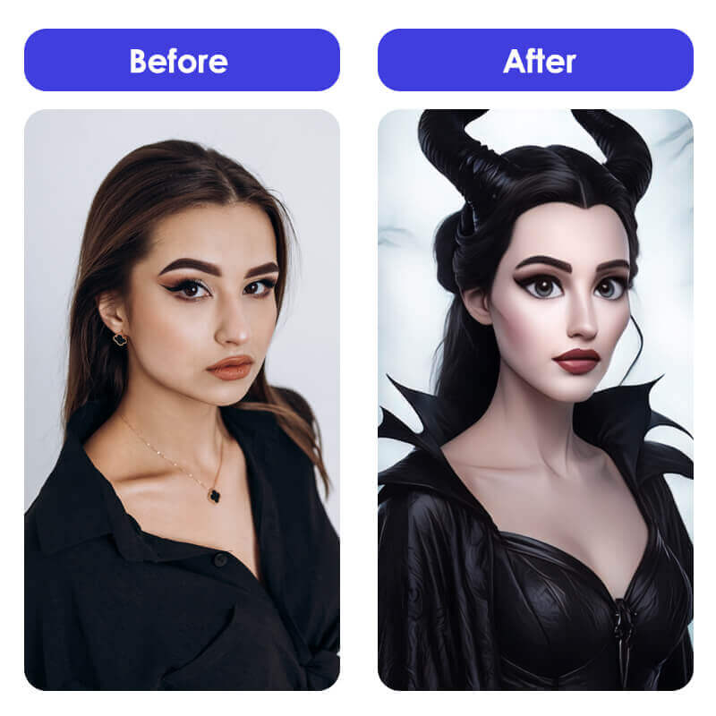 Mulher antes e depois de usar o filtro de vilã da Disney com IA.