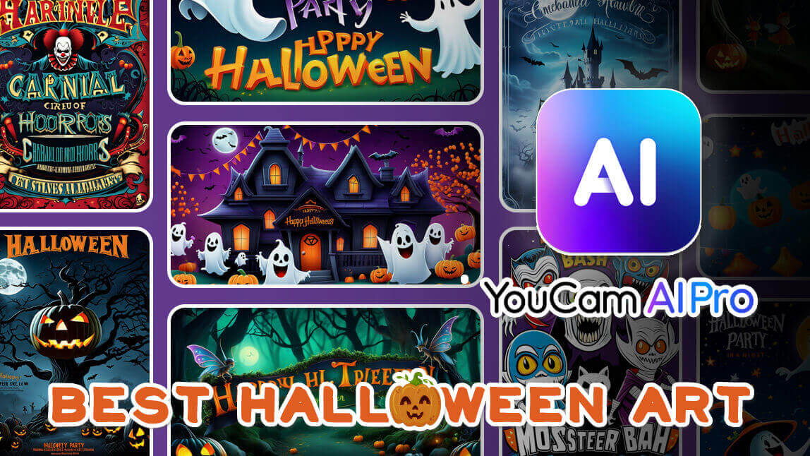 Gerador de Texto para Imagem de Halloween YouCam AI Pro Mulher usando o aplicativo YouCam AI Pro para gerar uma imagem de Halloween.