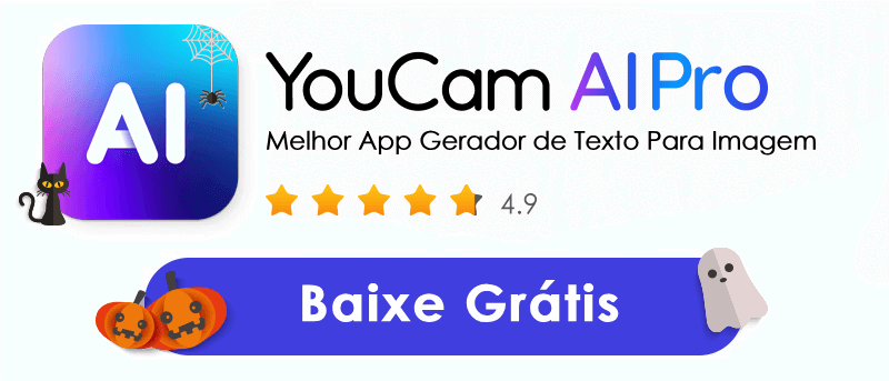 Banner do aplicativo YouCam AI Pro, o melhor gerador de imagem a partir de texto com IA. A imagem exibe o logotipo do app, a avaliação de 4.9 estrelas e um botão azul para "Baixe Grátis".