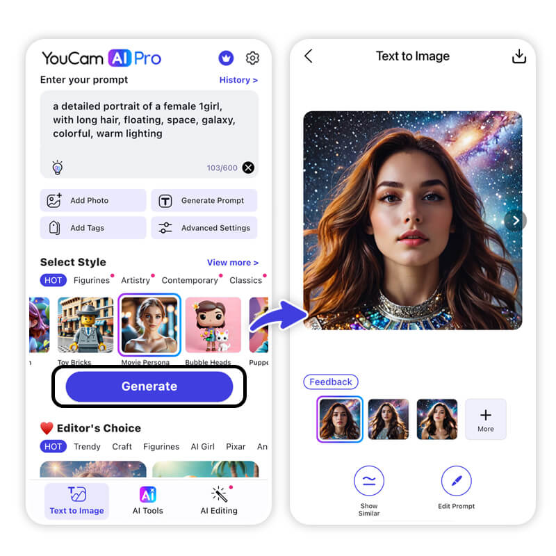 YouCam AI Pro: Miglior Generatore di Immagini AI 