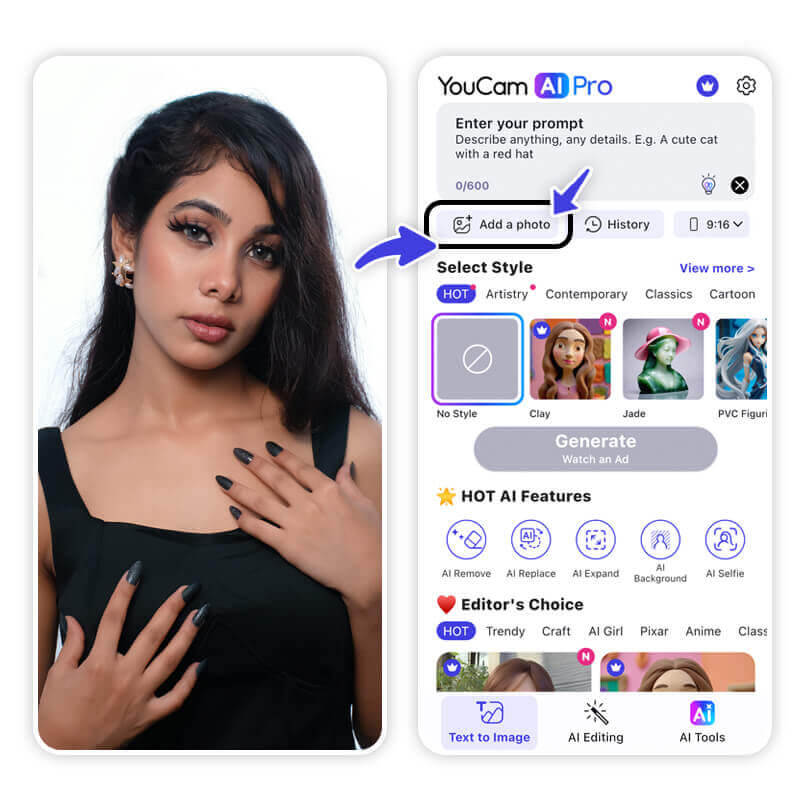 Interface do aplicativo YouCam AI Pro para adicionar uma foto.