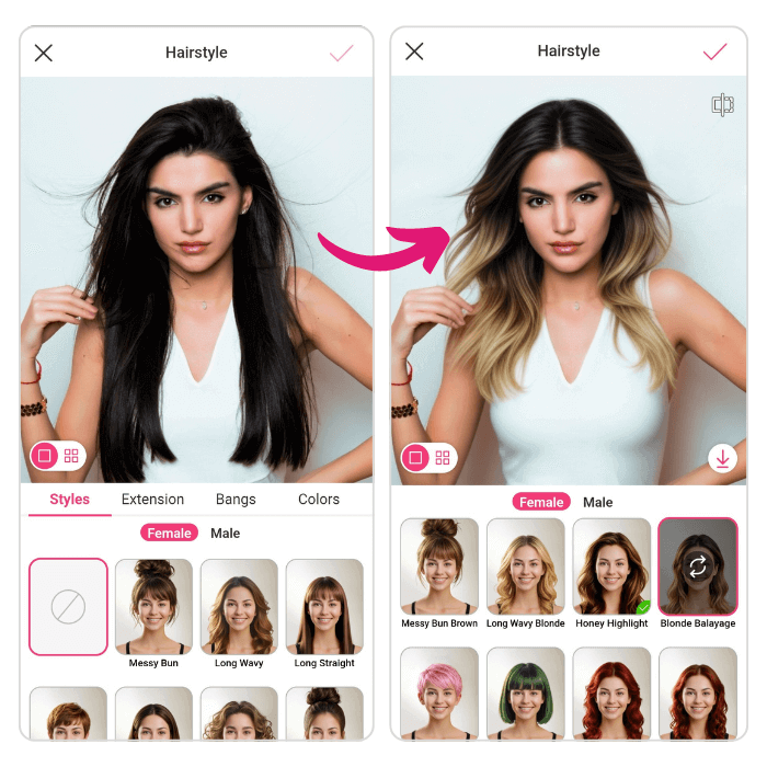 Teste de luzes no cabelo com efeito balayage loira no simulador YouCam Makeup.