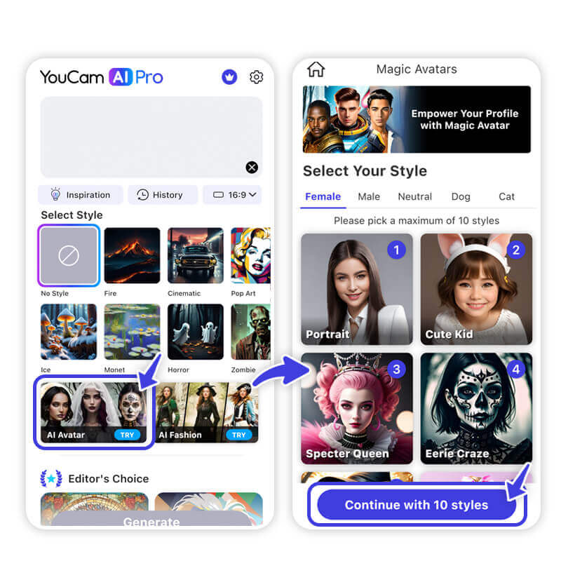 Como criar um avatar de Halloween com IA Demonstração do recurso Avatar IA no aplicativo, transformando uma foto em um avatar de Halloween.
