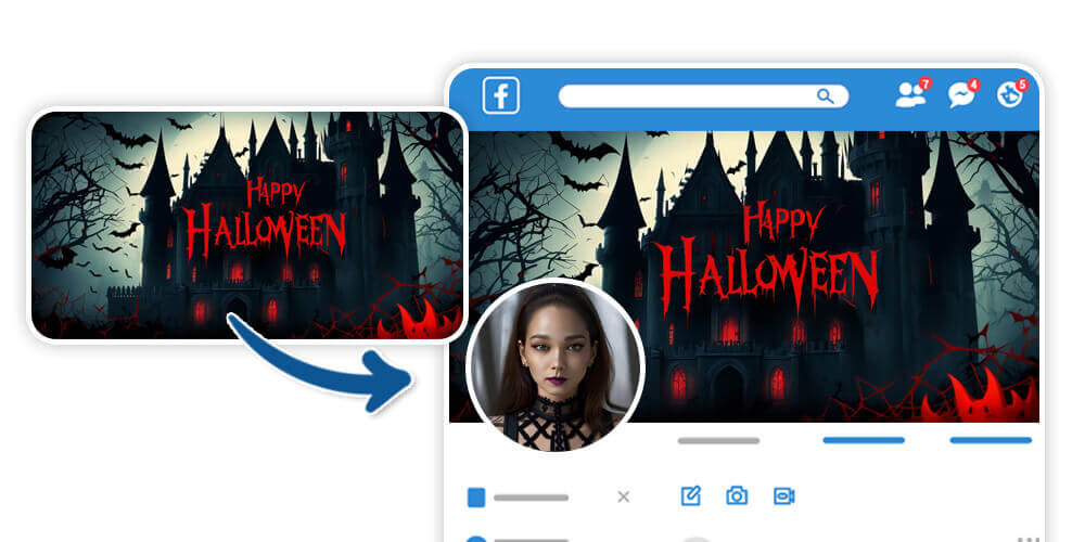 Criador de capa de Halloween para Facebook Capa para Facebook com tema de Halloween mostrando uma floresta assombrada com abóboras.