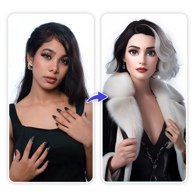 Resultado da imagem de uma mulher gerada com IA no estilo vilã da Disney.