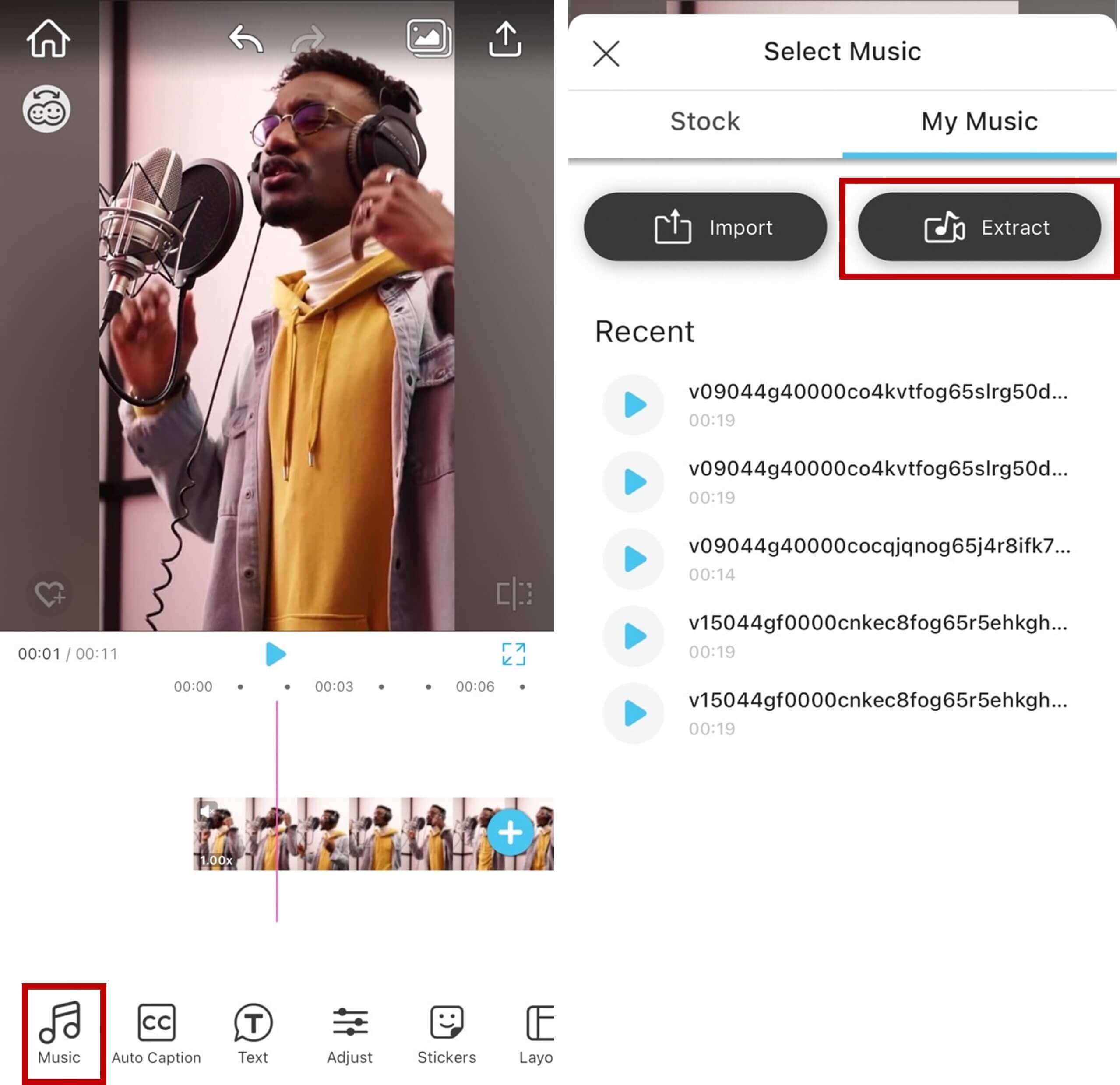 Screenshot der 'Audio extrahieren'-Funktion in der YouCam Video App.
